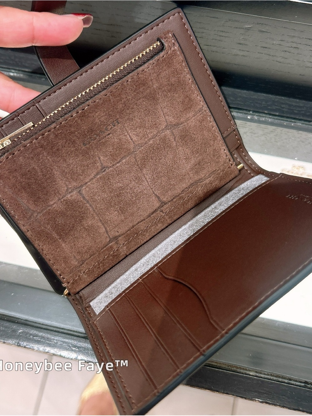Coach zip card case Brown Leather Bifold Wallet with Suede